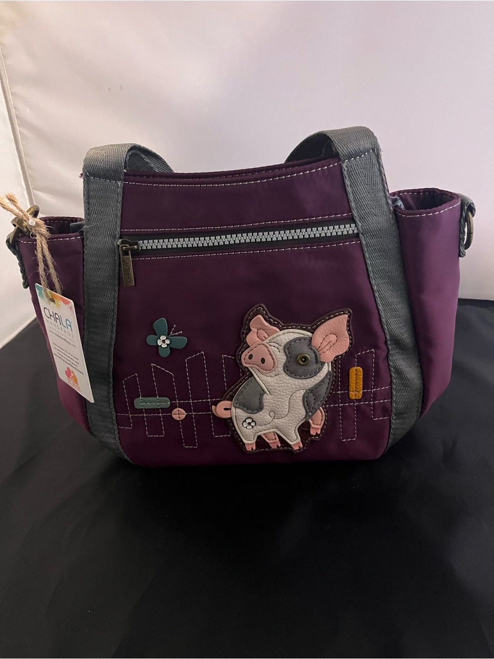 Chala Plum Shoulder Bag with Pig Applique and Gray Straps
